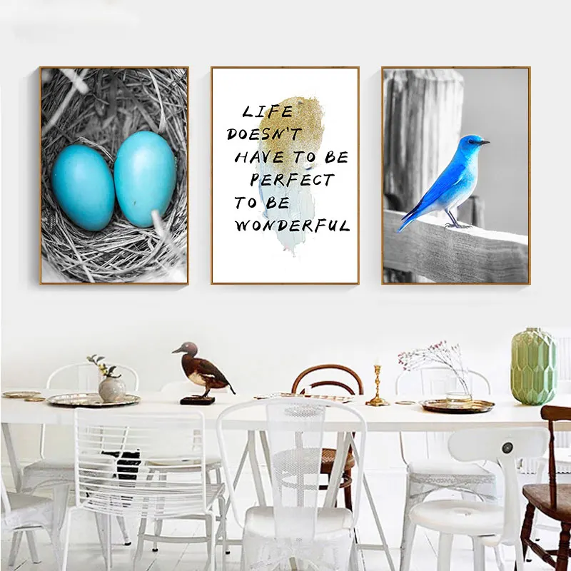 TaaWaa Nordic Wind Canvas Painting Black And White Blue Bird Poster Wall Print Letters Living Room Decorative | Дом и сад
