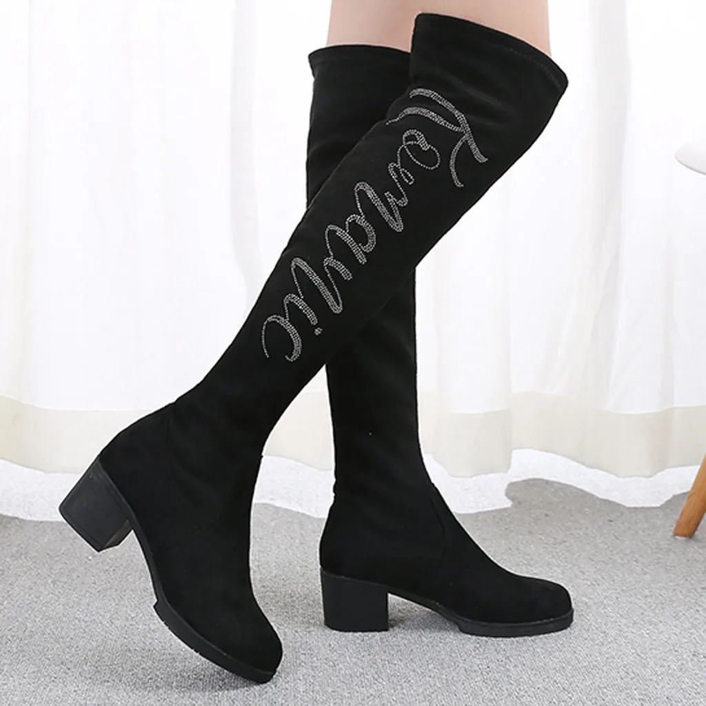 Ботфорты выше колена женские ботинки однотонные ботинки из замши Стразы в минималистском стиле удобная обувь с текстильной отделкой из хлопка; на плоской подошве; ботинки из флока; большие размеры 35-40