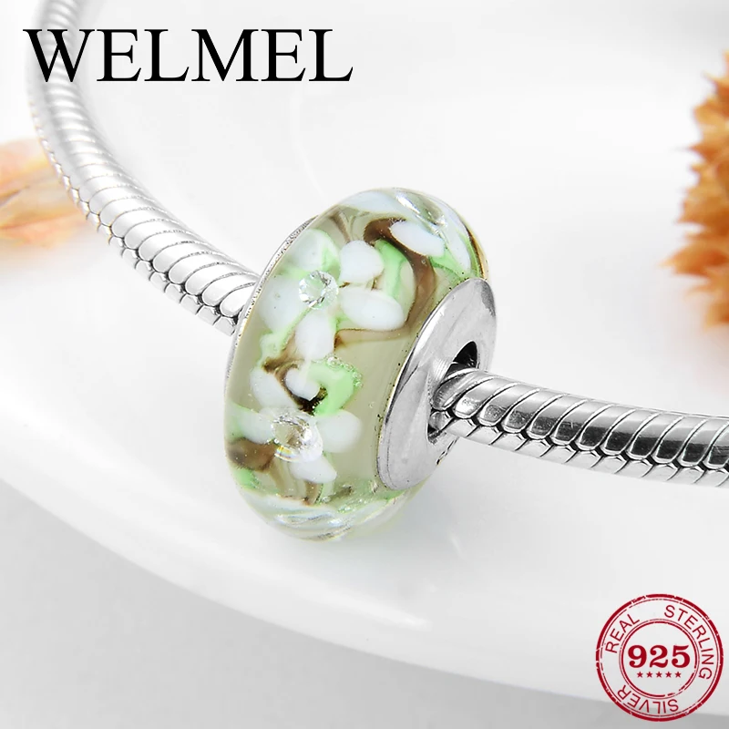 

Hot sale Silver 925 Color Green European Glass white Flower Beads Fit Original Pandora Charm Bracelet Jewelry making