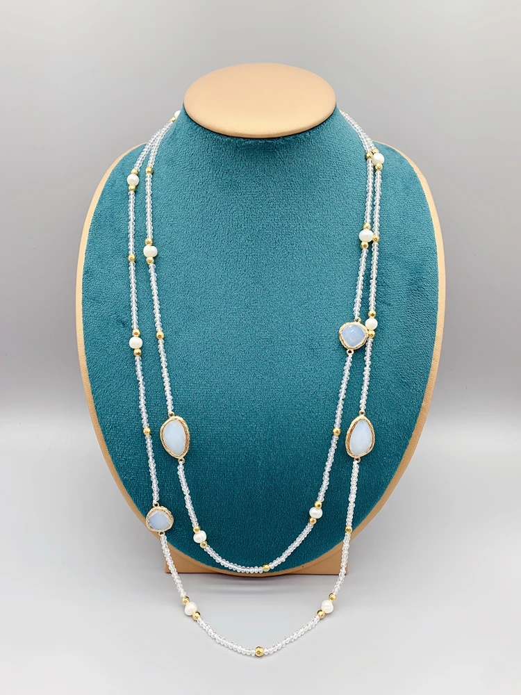 Irregular Moonstone Quartz Necklace With 2mm Crystals 5-6mm White Freshwater Pearls Hammered Gold Beads Long For Women 50 Inch | Украшения