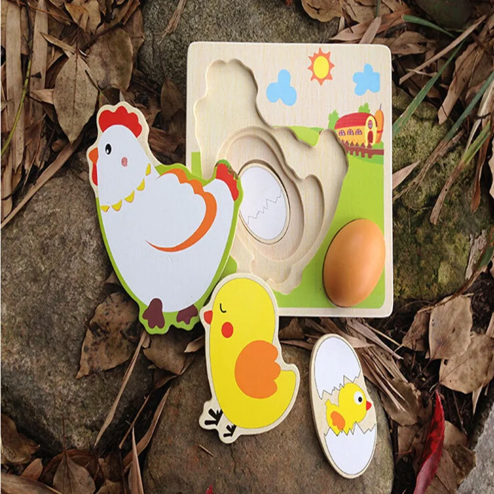 Jouet éducatif multicouche poulet poule grandir dessin animé enfants enfants en bois Puzzles processus de panneau début émulationnel oeufs jouets