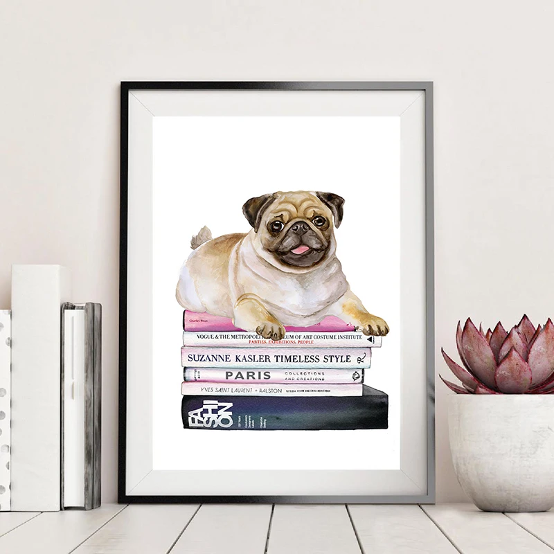 Fashion-Art-Books-Stack-Canvas-Painting-Pug-Wall-Picture-Nordic-Posters-and-Prints-for-Living-Room (2)