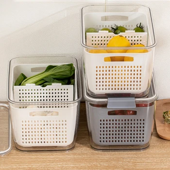 

Kitchen Transparent Storage Box With Drain Basket Grains Beans Storage Sealed Organizer Food Container Refrigerator Storage Box