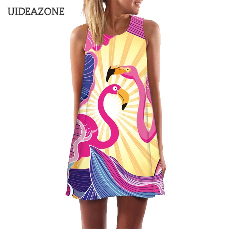 Платье мини ТРАПЕЦИЕВИДНОЕ с 3D принтом фламинго и круглым вырезом|Платья| |