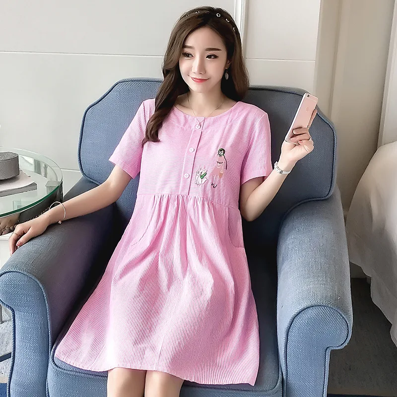 

Maternity Clothes 2019 Summer New Style Short Sleeve Crew Neck Stripes Embroidery Loose And Plus-sized Pregnant Women Dress
