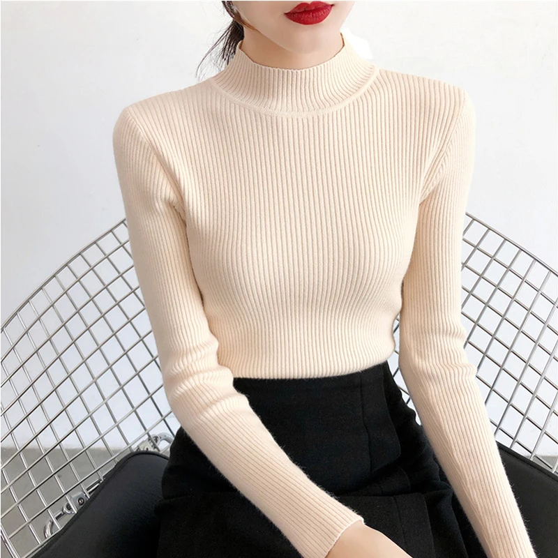 

BEFORW Women Turtleneck Sweater Pullover 2019 Fall New White Pink Knitted Slim Sweaters Tops Winter Sweater Casual Jumper Top