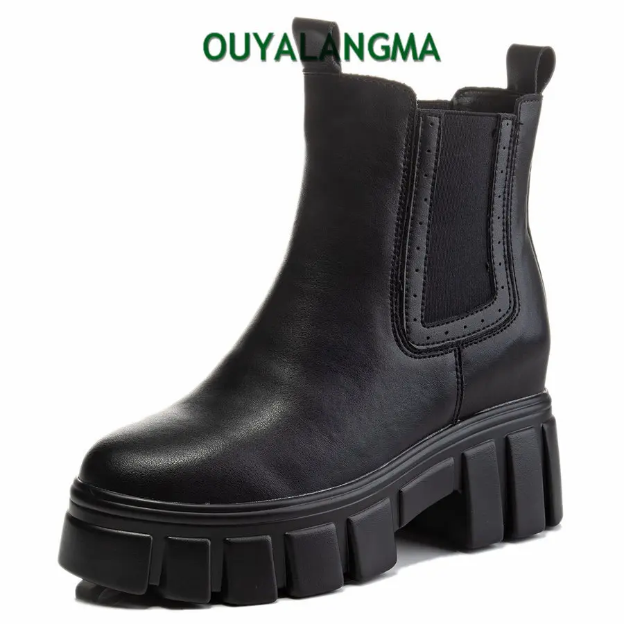 

Military Riding Boots Women's Genuine Leather Round Toe Platform Ankle Boots Thick Sole Oxfords Female Shoe High Heels