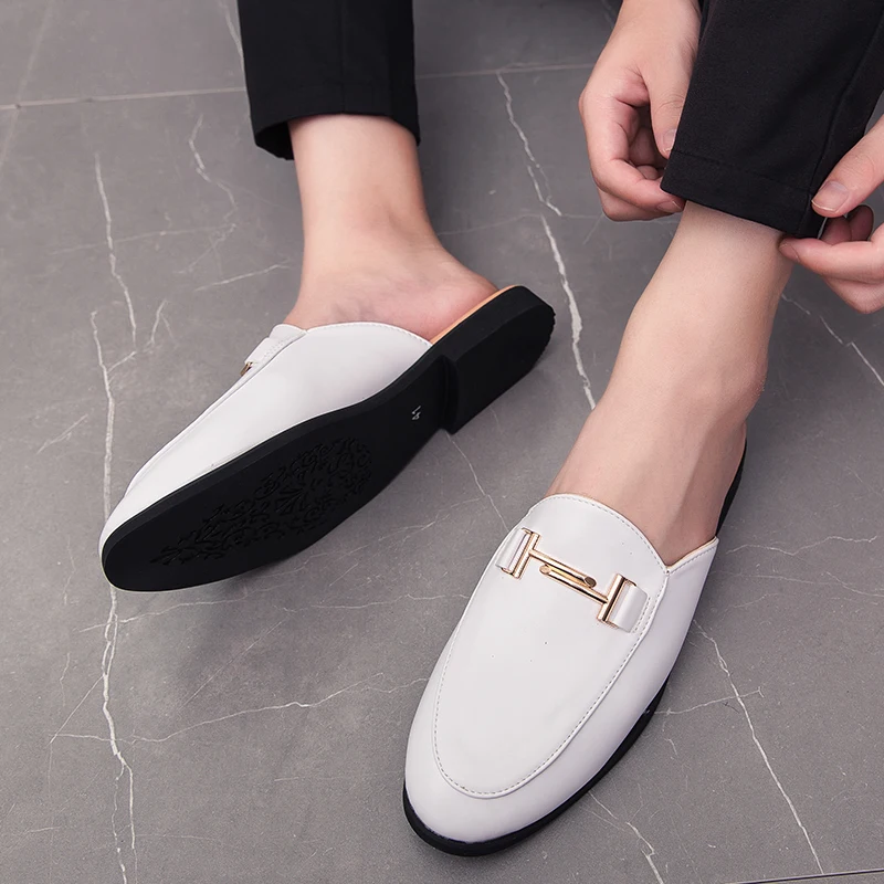 Mules Men Leather Shoes Summer Casual Slippers Sandals Male Shoes Slip On Men Loafers Fashion Men Flats Moccasins White Black