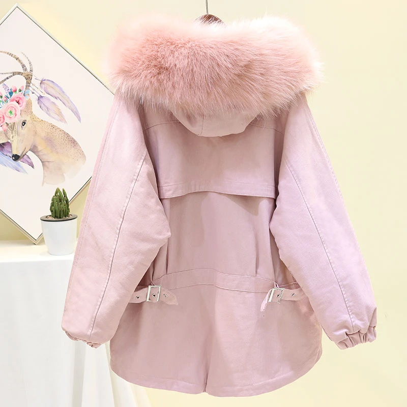 Модное зимнее женское пальто с большим меховым воротником и капюшоном, хлопковое Стеганое пальто, новая Корейская Толстая теплая куртка-парка, свободная женская верхняя одежда