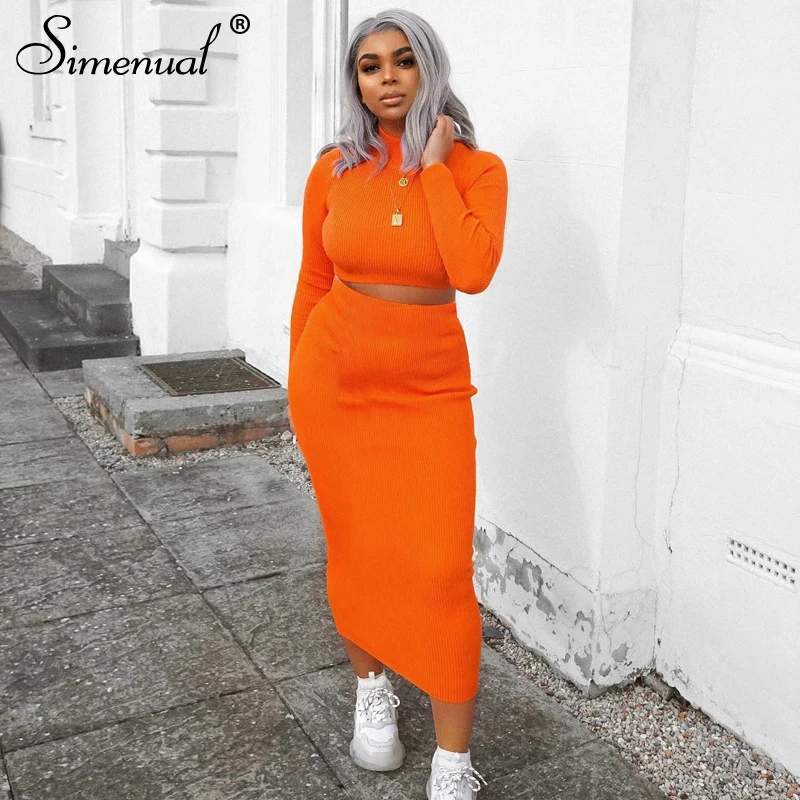 Simenual Solid Fashion Women Two Piece Sets 2019 Autumn Ribbed Long Sleeve Outfits Casual Slim Crop Top And Skirt Set Simenual Solid Fashion Women Two Piece Sets 2019 Autumn Ribbed Long Sleeve Outfits Casual Slim Crop Top And Skirt Set