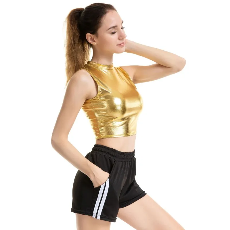 

Crop Top Vest Sleeveless Women Shiny Metallic Liquid Turtleneck Wet Look Tank Tops Fashion Strapless Party Clubwear for Festival