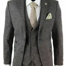 Мужской шерстяной клетчатый костюм из 3 предметов, твидовый коричневый приталенный костюм, персиковый коричневый костюм