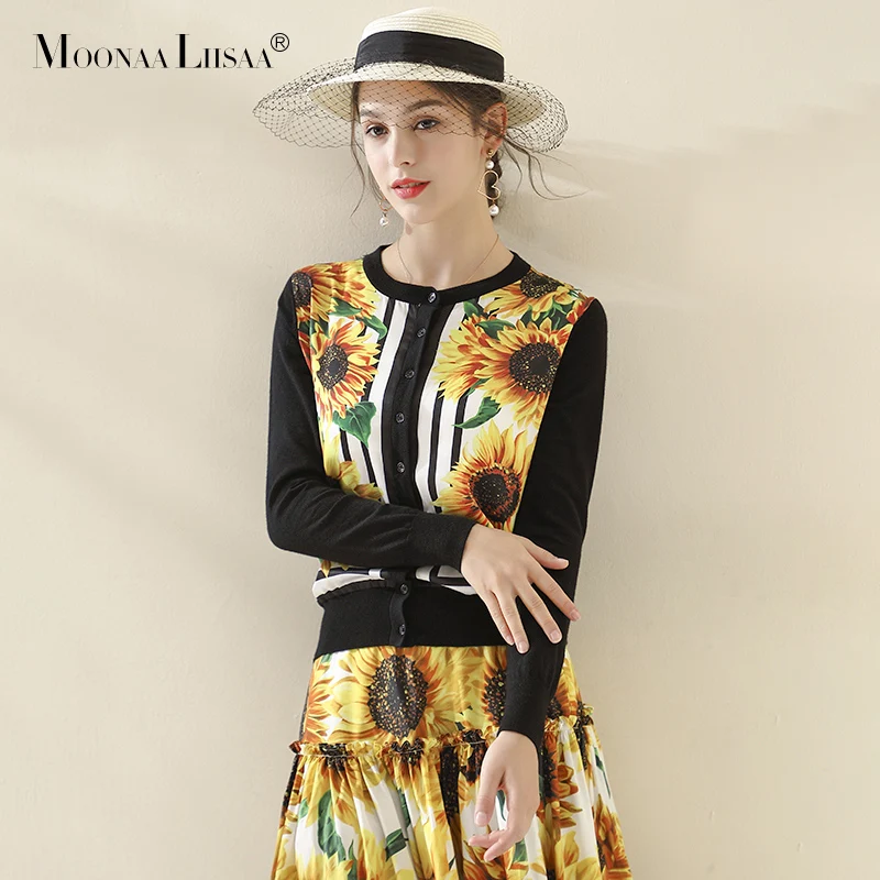 

moonaaliisaa Sunflower print stitching wool cardigan 2019 early autumn new retro temperament sweater wear with skirt top