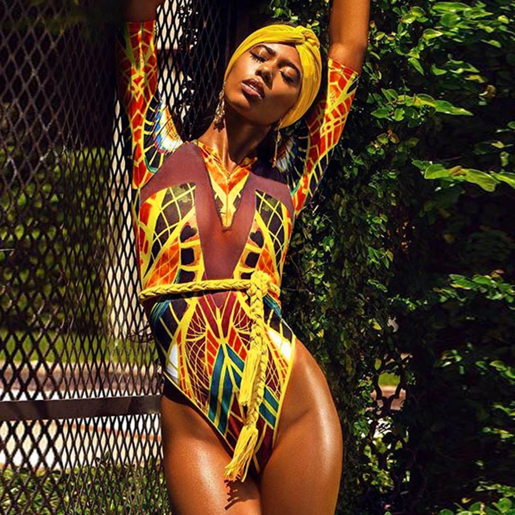 african print long sleeve swimsuit