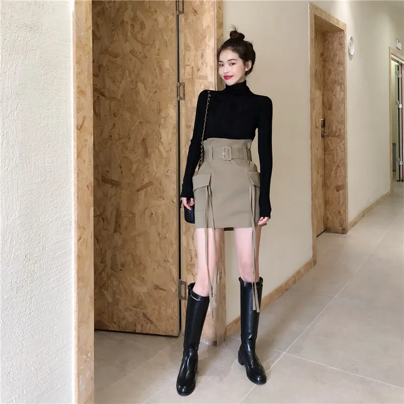 Harajuku Новая модная облегающая короткая юбка с поясом и карманами в Корейском стиле, сексуальные женские мини юбки уличная LJ358