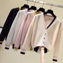 Кардиган Женский Свитер V-образный Вырез Контрастный Цвет Пэчворк Женские Свитера Однобортный Мягкий Вязаный Повседневный Женские Кардиганы