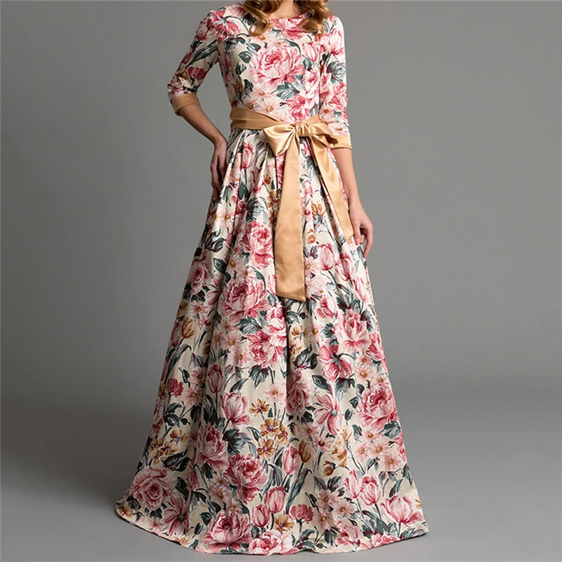 Три четверти рукав цветочный принт женское осенне-зимнее платье в стиле бохо женские вечерние свободные платья эластичная талия пляжное платье