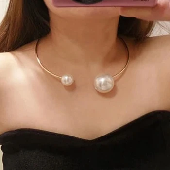 

Double Simulated Pearl Adjustable Open Choker Necklace Circle Round Cuff Statement Jewelry