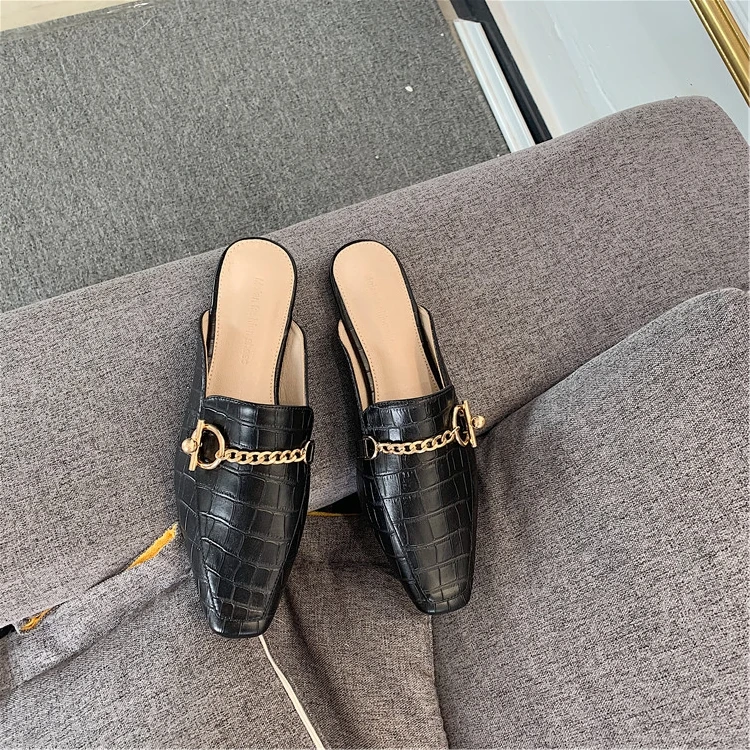 Бренд molan Designers; коллекция года; сезон весна; Новинка; модная Роскошная золотая металлическая цепь; кожаные тапочки на плоской подошве; слипоны; лоферы; шлёпанцы; вьетнамки