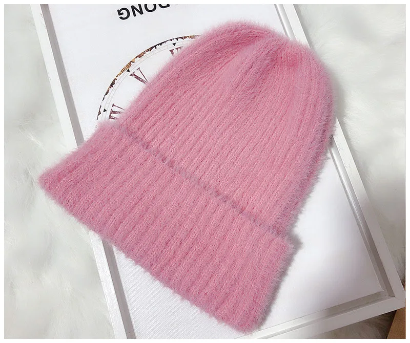 OMEA, одноцветная вязаная шапка бини для женщин, зимняя шапка из кроличьей шерсти, шапка Skullies, весенняя и осенняя, теплая, трендовая, шапочки для женщин - Цвет: Pink