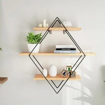 

Vintage Iron Metal Wood Three-tier Wall Storage Shelf Rack Rhombus Iron Craft Wall Book Hanging Rack Room DIY Wall Decor Holder