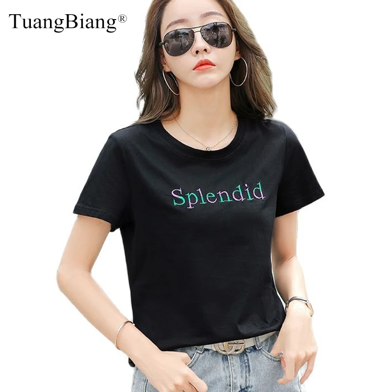 

2022 Summer Rainbow Letters Embroidery Short Sleeve Cotton T-Shirts Women Simple Loose T Shirt Slim O-Neck Casual Fashion Tops