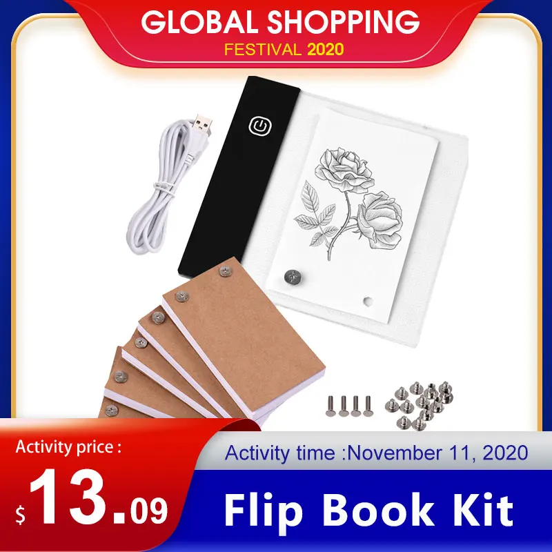 300 hojas libro Kit con Mini Luz de LED Lightbox Tablet diseño con agujero Flipbook de tornillos para dibujo de
