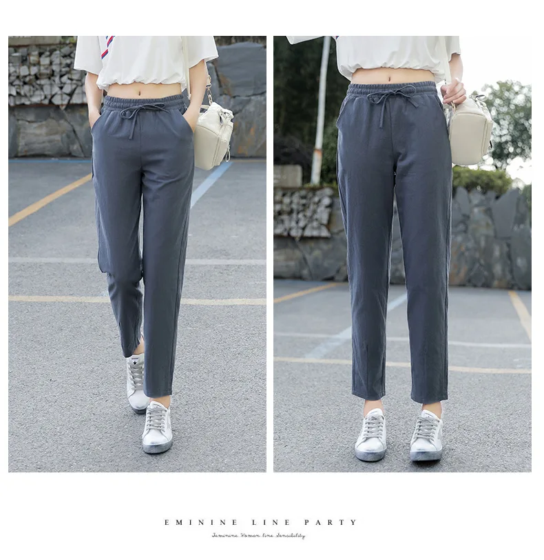 Spring Cotton Linen Pants Plus Size Loose Women Ankle Length Harem Pants Pocket Elastic High Waist Casual Trousers Orange Black