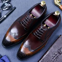 2019 Brogue Formal Shoes Men Cow Leather Dress Shoes Genuine Retro Pointed Toe Oxford Male Footwear Lace-up Flat Shoes