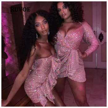 

High Quality Pink Sequin Party Dress XL Women Long Sleeve V-neck Slim 2020 Winter Dress Sexy Celebrity Night Club Dresses SM-16