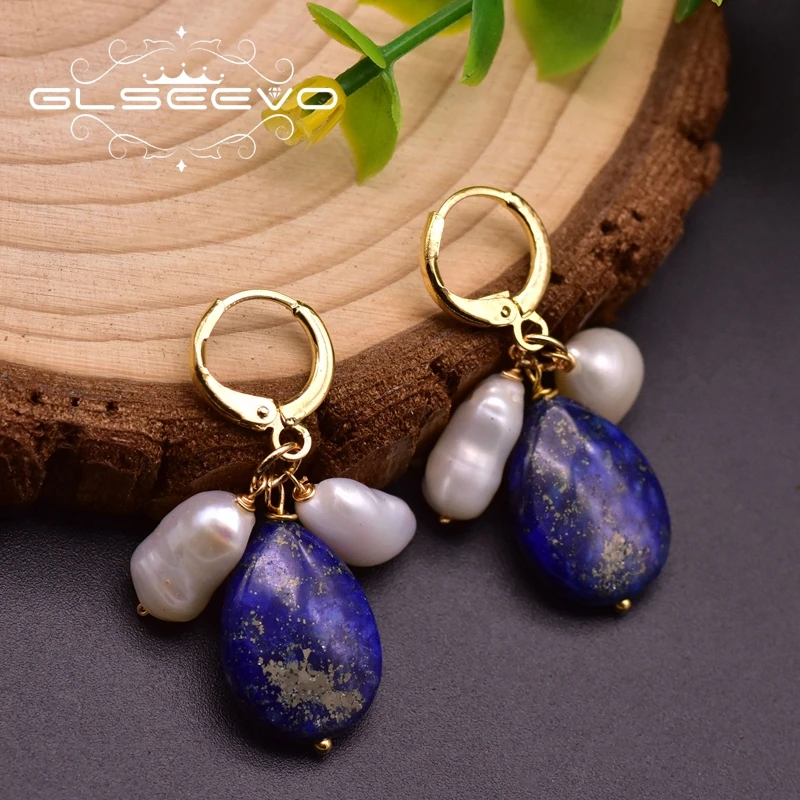 Серьги подвески GLSEEVO с натуральным голубым камнем для юбилея жены девушки женщины этнические ювелирные