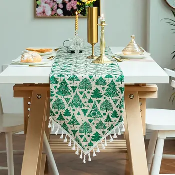 

Festive Bronzing Light Luxury Tassel Table Runner Cotton Linen Christmas Tree Fringe Desktop Cover Towel Festival Table Runner