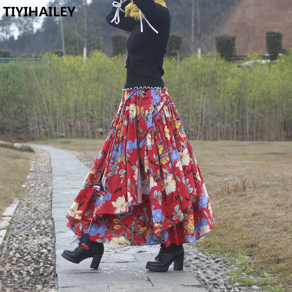 TIYIHAILEY Free Shipping Big Hem Long Maxi A-line Elastic Waist Women Cotton Linen Print Flower High Quality Red Skirts yu zhizhen meticulous painting line draft chinese baimiao line drawing paper zero based flower bird painting copying manuscript