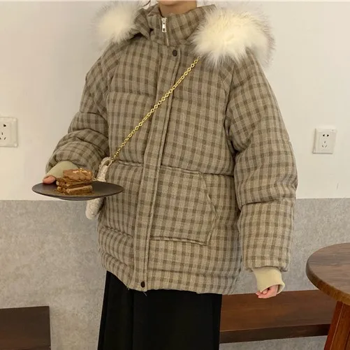 

Winter 2020 Korean Version Loose And Warm Women'S Winter Jacket With Big Fur Collar Plaid Cotton Jacket Women'S Down Jacket