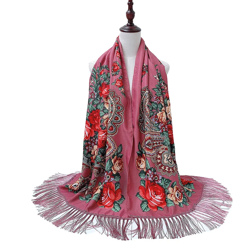 [FAITHINK] Модный женский русский шарф с цветочным принтом, длинный осенний зимний женский Праздничный подарочная шаль с кисточками, Женский хиджаб с Пейсли - Цвет: JM39a rubber pink