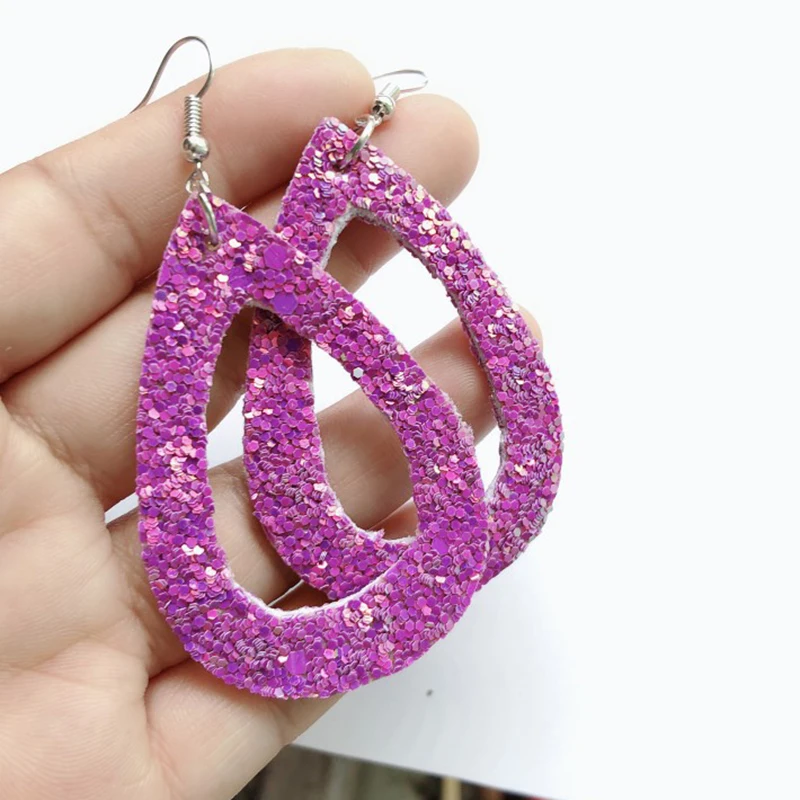 

New Stock Rainbow Glitters Sequins Hollow Out Geometric Teardrop Earrings Colorful Leather Printed Water Drop Earrings Wholesale