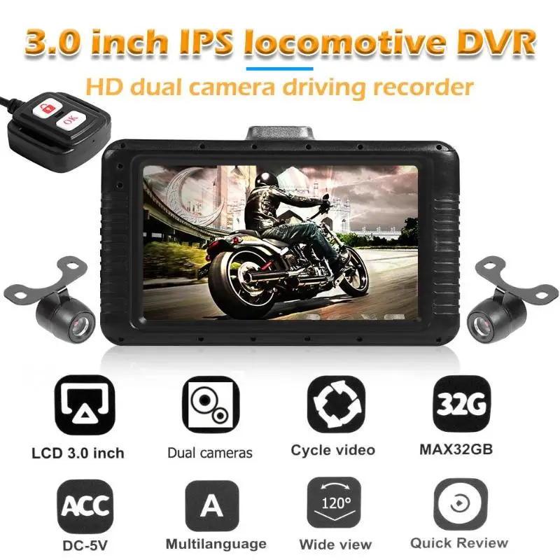  vodool Dual Lens DVR Dash 3.0 Inch LCD Display HDR Function Cam Motorcycle Action Camera FHD 1080P 