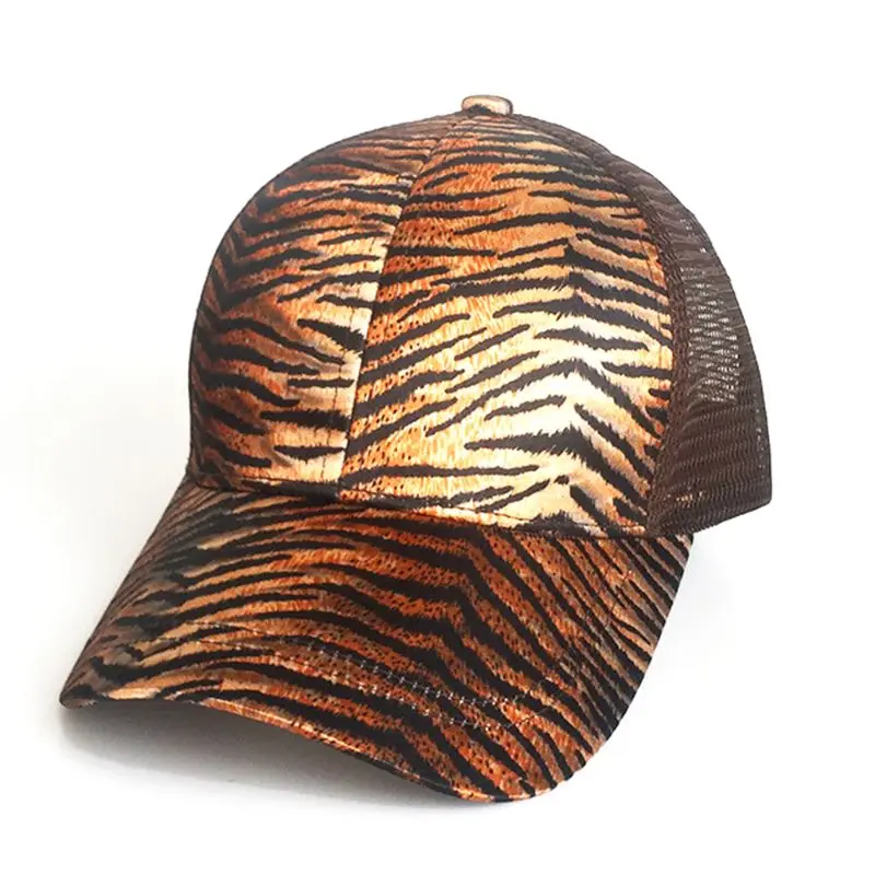 Women Ladies Summer Mesh Back Messy High Bun Ponytail Baseball Cap Vintage Leopard Zebra-Stripes Adjustable Snapback Trucker Hat