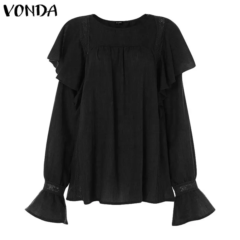 VONDA/хлопковые топы с рукавами-колокольчиками, сексуальные белые блузки с круглым вырезом, женские повседневные свободные рубашки, белая хлопковая туника для женщин размера плюс S-5XL - Цвет: Черный
