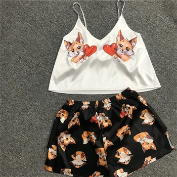 

Fox Cartoon Print Lovely Sleepwear Summer V Neck Sexy Pyjamas Women Spaghetti Strap Loose Pijama Home Suit Kigurumi Unicorn