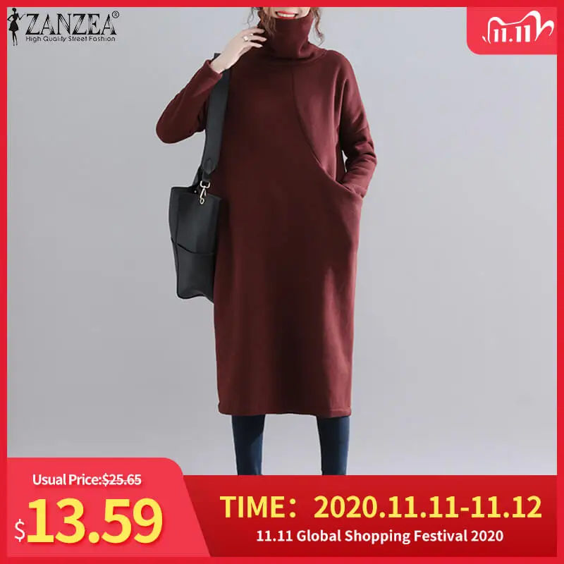 

ZANZEA Women's Dress 2020 Autumn Ladies Solid Side Pockets Mid Calf Vestidos Casual Loose Turtleneck Sweatshirt Sundress Robe