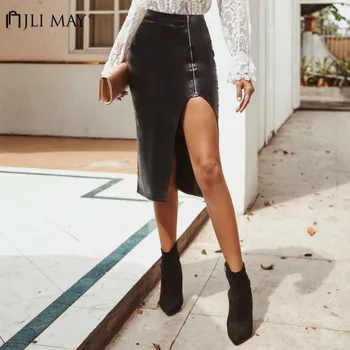 

JLI MAY Solid PU Leather Skirt Sexy Hollow Out Side Slit High Waist Patchwork Office Lady Asymmetrical Mid-Calf Women Skirts