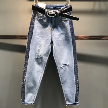 

plus size 26-31!jeans women fashion high waist women fashion hot drilling contrast color stitching straight harem pants