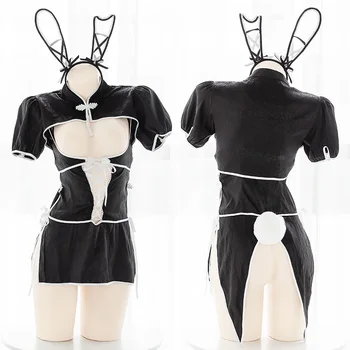 

Black Hollow Open Chest Cheongsam Nightdress Sexy Bunny Girl Uniform Set Cosplay Retro Maid Costume Dress With Rabbit Ear KC