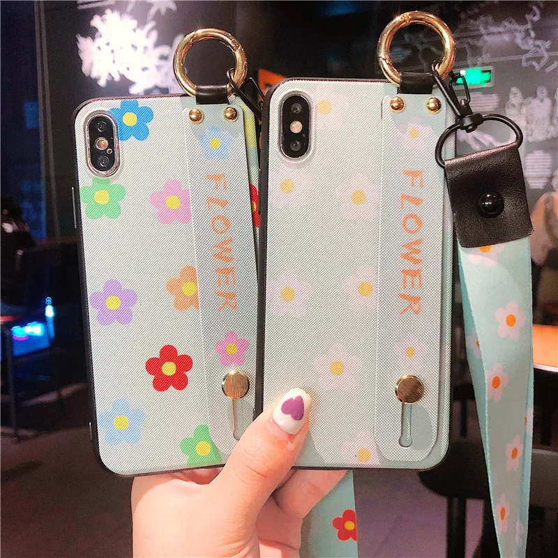 

Grid Flower Pattern Cover On For iPhone 7 6s 6 8 plus Soft TPU Strap Stand Case For Apple iPhone x Xs max Xr +Neck Wrist Lanyard