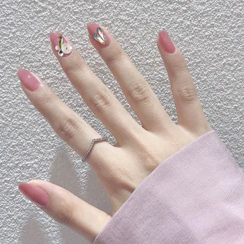 

24pcs/box Full Cover press on nail short Fashion Japanese Style Pink Color Shiny Rhinestone Decoration artificial nail with glue