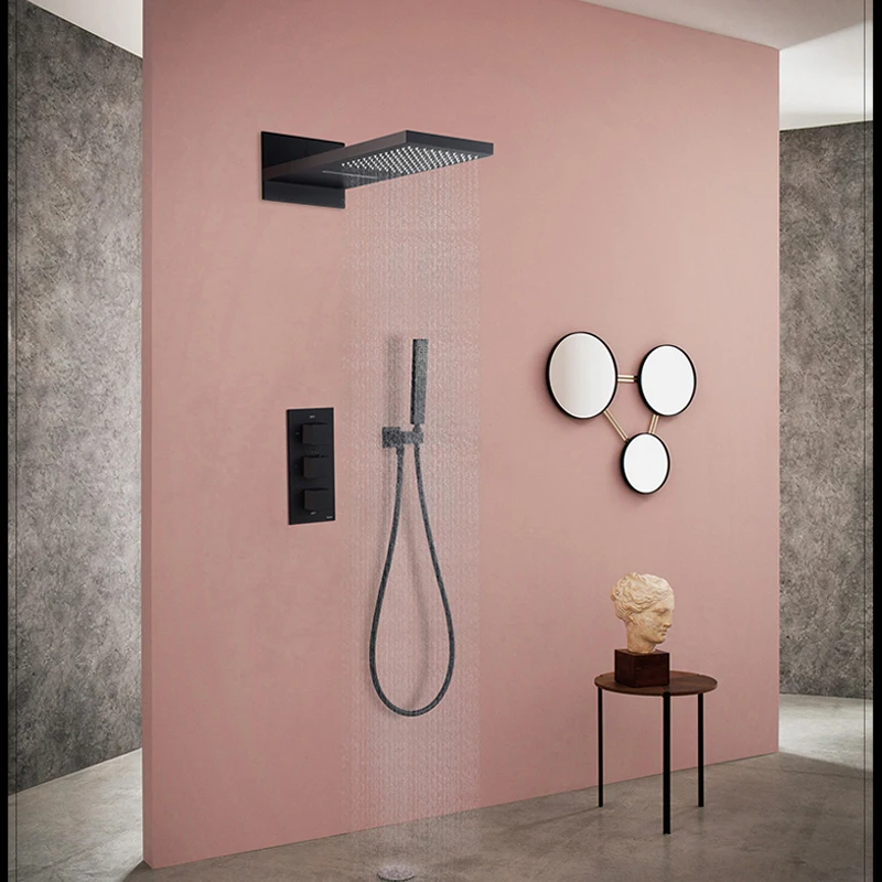 quyanre wanfan frap gappo black thermostatic shower faucets set waterfall rainfall shower head 3-way thermostatic mixer tap bathroom shower faucets2