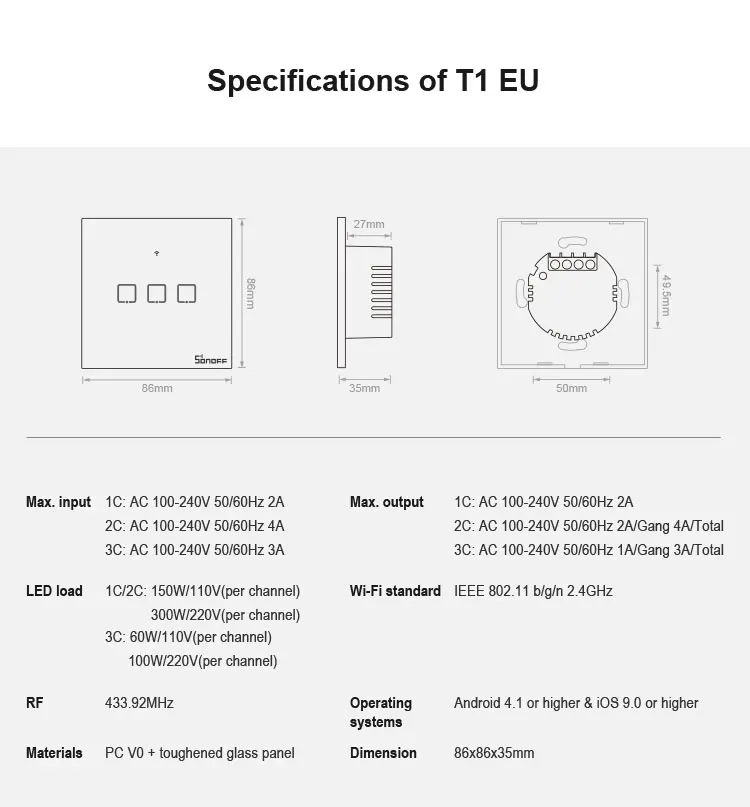 Sonoff TX T1 EU 1 2 3 банда Wifi умный переключатель 433/RF/Touch умный дом пульт дистанционного управления настенный светильник переключатель работа с Alexa Google Home