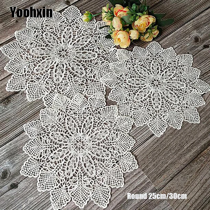 

Modern white Lace Round Embroidery table place mat Christmas pad Cloth placemat cup mug dining tea coaster coffee doily kitchen