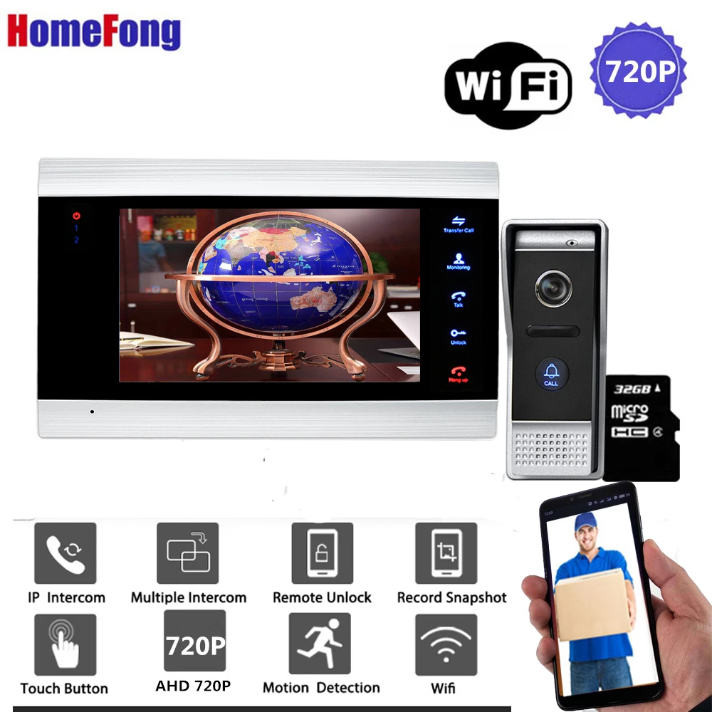 Видеодомофон Homefong 7 " дверной звонок с широким углом 720P Wi-Fi беспроводной система